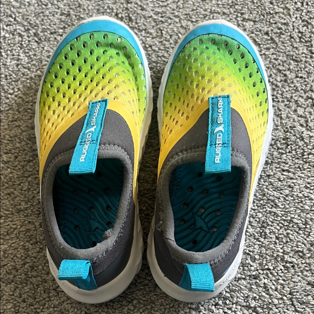 Aqua Shark Kids Water Shoes - Green, Yellow, and Blue